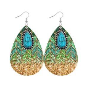 Bohemian Pine Stone Teardrop Earrings Colorful Charms Green Blue Tan